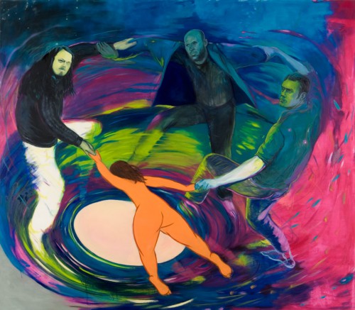 drei Männer tanzen einen Reigen mit einer Figur aus Matisse´s Bild "Der Tanz"