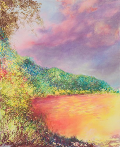 Ölbild. Ein blutrot leuchtender See umgeben von wild wuchernder Vegetation, die Farbigkeit irreell und wie vor oder nach dem Knall