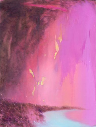 gelbe Kometen fallen durch pinkfarbenen Himmel ins Meer