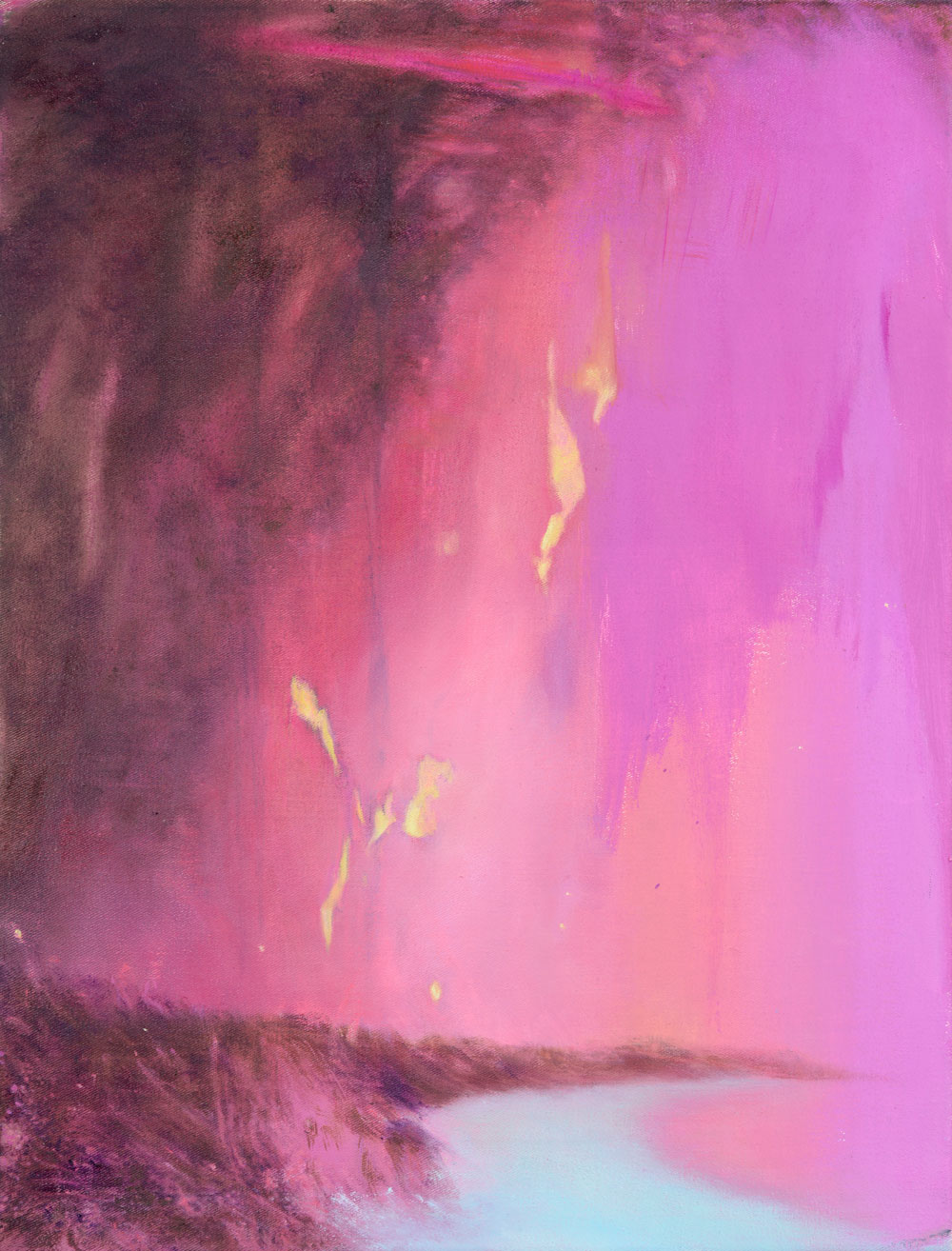 gelbe Kometen fallen durch pinkfarbenen Himmel ins Meer