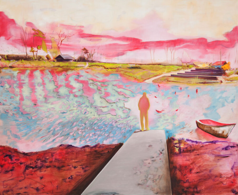 wilde Seelandschaft in giftig grün, pink und lila ein Mann ein Boot