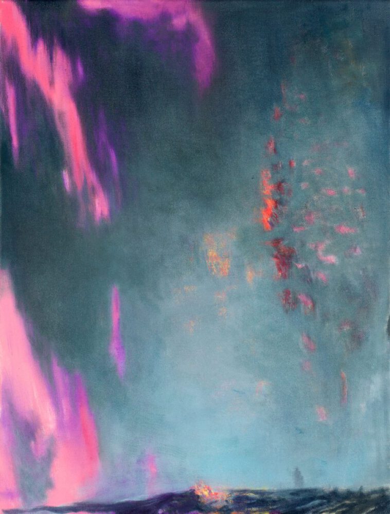 Magenta fällt vom bleigrauen Himmel